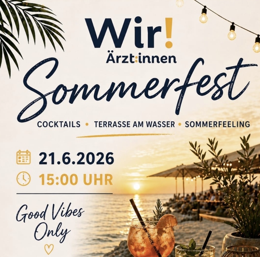 Wir Ärzt:innen Sommerfest 2026 – Cocktails · Terrasse am Wasser · Sommerfeeling